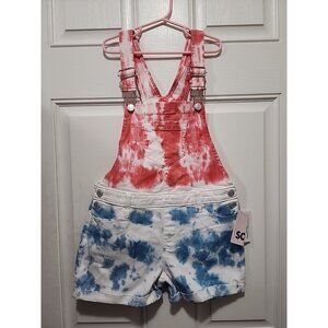 So Girls Tie Dye 4th of July Short Overalls Sz 12 Red White Blue Patriotic NEW